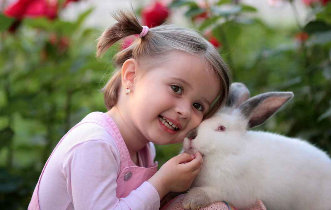 girl holding white rabbit during daytime